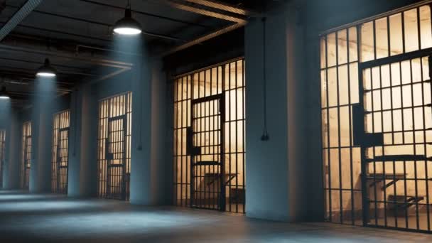 Zijaanzicht Nooit Eindigende Gevangenisgang Omringd Door Gevangeniscellen Vervloekt Humeur Mist — Stockvideo