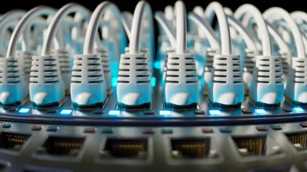 Незліченні Білі Кабелі Ethernet Сучасному Маршрутизаторі Освітлені Єдиним Прожектором Блакитні — стокове відео