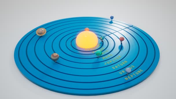 Toy Solar System Animation Planets Orbits Rotating Light Bulb Imitating — Stock Video