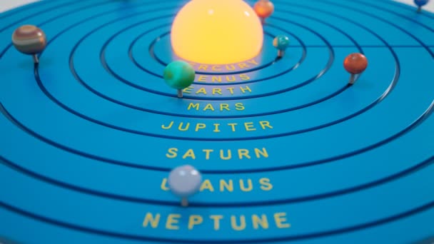 Zabawka Animacja Układu Słonecznego Planet Krążących Wokół Żarówki Imitującej Słońce — Wideo stockowe