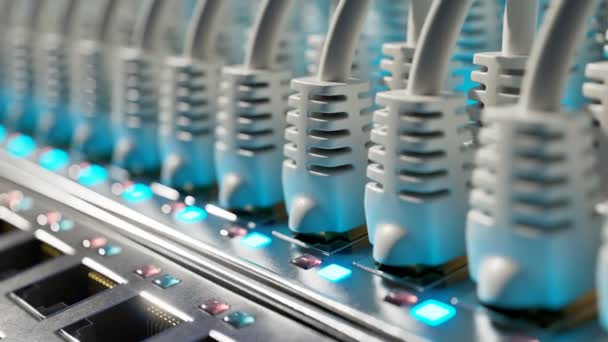 Inúmeros Cabos Ethernet Brancos Roteador Moderno Iluminado Por Único Foco — Vídeo de Stock