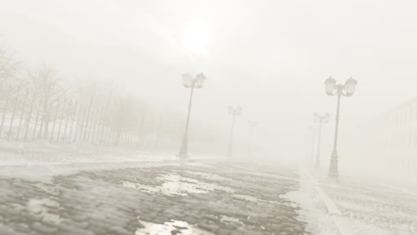 Ročník Dlážděná Ulice Klasickými Lucernami Chladným Počasím Stará Cesta Husté — Stock video