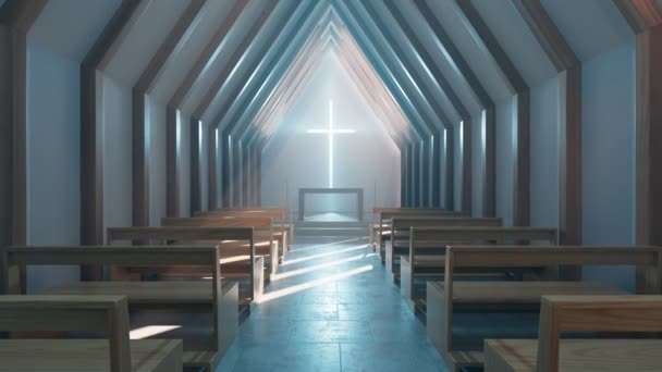 Moderne Minimalistische Kerk Kapel Interieur Verlicht Door Ochtendzonlicht Twee Rijen — Stockvideo