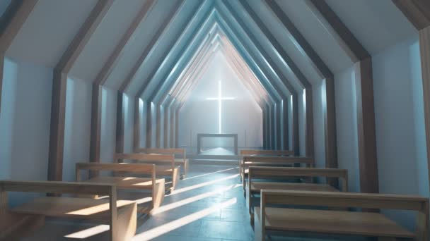 Modern Minimalistic Church Chapel Interior Lit Morning Sunlight Two Rows — Stock Video