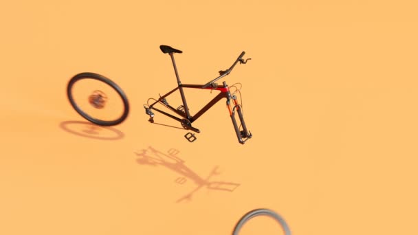 可浏览的动漫自行车组装过程 金属零件如轮子 链条或齿轮在车间里连接在一起 自行车装在一个盒子里 随时可以寄给客户 — 图库视频影像