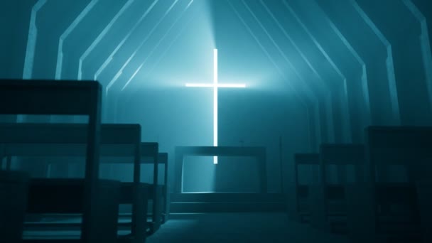 Moderní Minimalistický Kostel Nebo Kaple Interiér Osvětlený Ranním Sluncem Dvě — Stock video