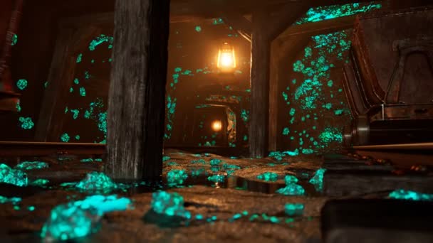 Miniera Uranio Illuminata Una Lanterna Epoca Minerale Radioattivo Verde Brillante — Video Stock