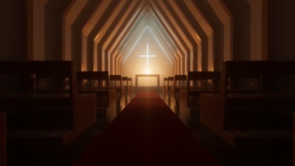Moderne Minimalistische Kerk Kapel Interieur Nachts Avonds Twee Rijen Lege — Stockvideo