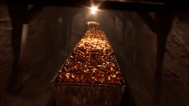 Molteplici Minecart Piene Pepite Oro Che Attraversano Tunnel Minato Vaste — Video Stock