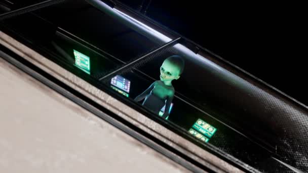 在飞碟前的特写镜头 一个外星人在里面操纵着机器 蓝色的植物在背景上露出面纱 无限的空间 宇宙飞船Spacship 科幻小说 Ufo — 图库视频影像