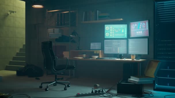 Temný Hackerský Pokoj Sklepě Připojené Servery Počítače Dráty Šifrování Informací — Stock video