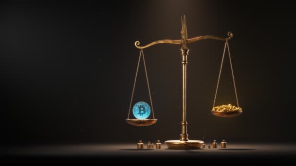 Balanza Tradicional Dorada Con Pepitas Oro Representación Bitcoin Sobre Fondo — Vídeos de Stock