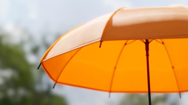 Bunte Gelbe Regenschirme Drehen Sich Einem Sonnigen Tag Langsam Urlaubsruhe — Stockvideo