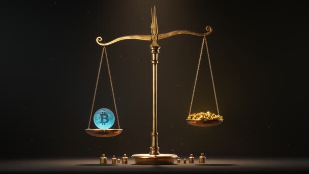 Golden Traditionell Balans Skala Med Guld Nuggets Och Bitcoin Represetering — Stockvideo