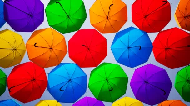 Talloze Kleurrijke Paraplu Hangen Boven Straat Heldere Blauwe Lucht Zichtbaar — Stockvideo