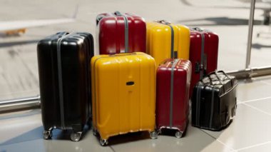 Bir kamera bir yığın bavula odaklanır. Bir uçuş hazırlığı. Arka planda, uçak ve havaalanı araçlarını görebilirsiniz. Toparlanma ve servis. Sarı, Kırmızı, Siyah. Çanta. Çanta. Çanta. Pist