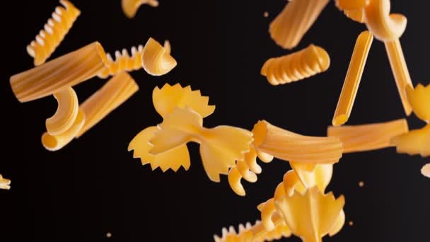 Vallende Rauwe Pasta Naadloze Looping Animatie Van Verschillende Pasta Vormen — Stockvideo