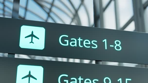 Современный Терминал Аэропорта Направление Разным Воротам Убедитесь Какие Ворота Указаны — стоковое видео