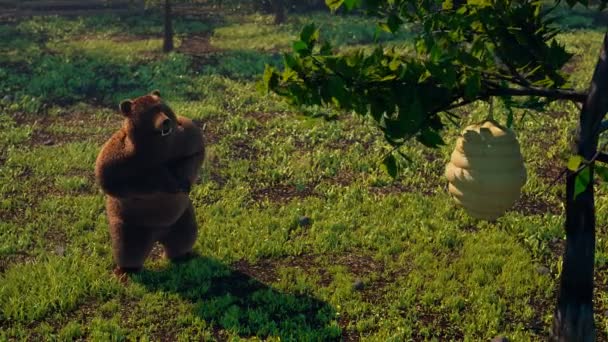 Björnen Tittar Bikupan Fluffigt Djur Som Försöker Stjäla Honung Svärm — Stockvideo