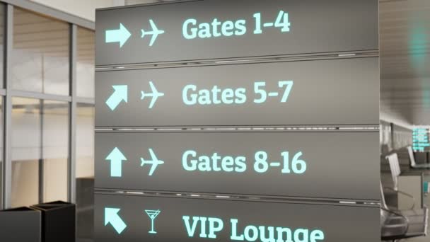 Airport Terminal Guide Sign Directing Different Areas Gates Vip Lounge — Stock Video