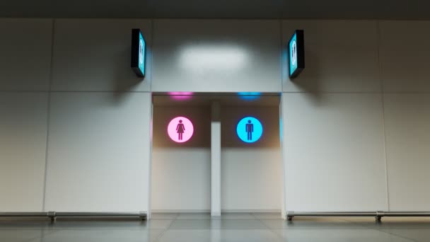 厕所的入口 男男女女科 粉色和蓝色 Wc标志 公共场所 如机场候机楼 公共汽车或火车站以及任何其他类型的公共场所 放大前置摄像头 — 图库视频影像
