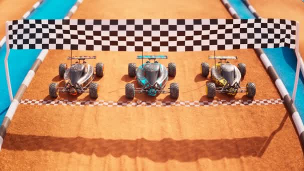 Три Барвисті Автомобілі Стоять Стартовій Лінії Іграшкової Гонки Дистанційно Керовані — стокове відео