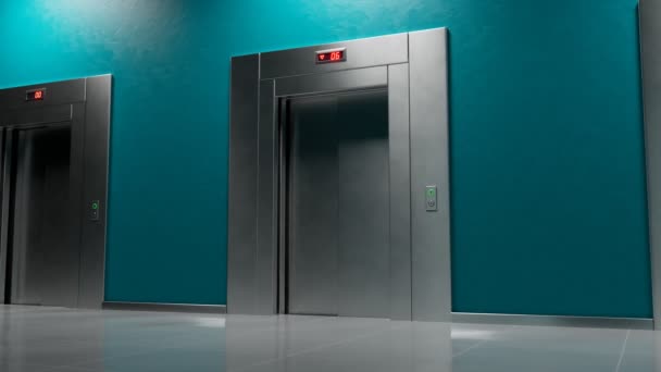 近代的なエレベーターがようやく床に着きました 空っぽのインテリアを明らかにするドアがゆっくりと開きます ターコイズ壁のある現代的なオフィスビルロビー スローカメラヘッディングムーブメント — ストック動画