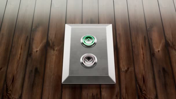 オフィスのヴィンテージの木製の壁のクロムエレベーターの上下ボタン 木製で 背景に光沢のあるパネル グリーンライトで照らされたアップボタン カメラピッチ — ストック動画