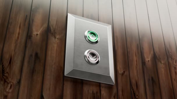 オフィスのヴィンテージの木製の壁のクロムエレベーターの上下ボタン 木製で 背景に光沢のあるパネル グリーンライトで照らされたアップボタン カメラヘッディング — ストック動画