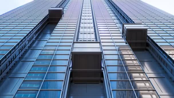 Три Зовнішні Ліфтові Кабіни Рухаються Вгору Скляному Фасаду Хмарочоса Інші — стокове відео