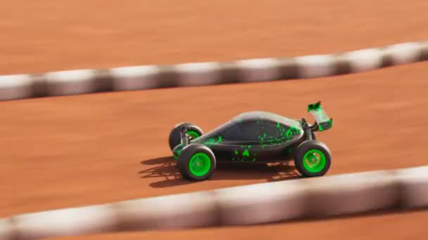 Car Гонка Піщаній Доріжці Циклічна Анімація Мініатюрної Радіокерованої Моделі Баггі — стокове відео