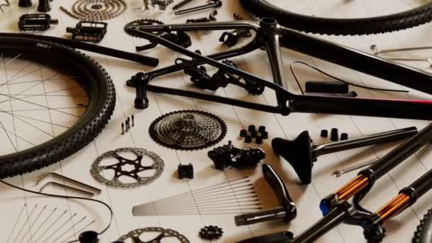 Loopable Footage Separated Bike Elements Parts Components Bicycle Workshop Garage — Stock Video