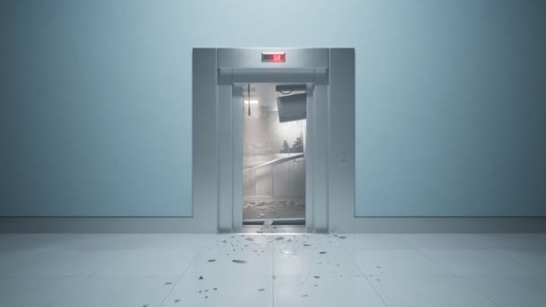 Зламаний Сучасний Ліфт Страшна Аварія Камера Рухається Бік Срібного Подрібненого — стокове відео