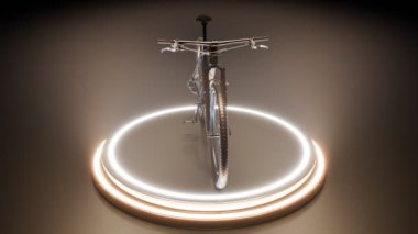 Dönen platformun üzerinde duran dağ bisikletinin çevrilebilir animasyonu. Sis ışıklarıyla aydınlatılmış yepyeni, parlak bir araç. Mağaza ve sergi için mükemmel. Hazırlama 4k