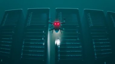 Karanlık bir salonda çalışan dron tarama sunucularıyla çevrilebilir animasyon. Tam otomatik insansız sistem. Bilgisayar koordineli verimli ve yenilikçi ağ işleme yönetimi. Hazırlama 4K