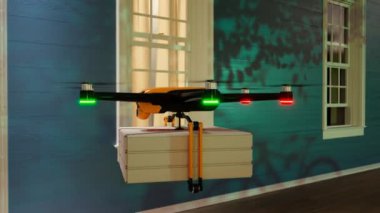 Hexacopter İHA 'sı doğrudan kapıya pizza siparişi veriyor. Tam otomatik insansız sistem. Geleceğin teknolojisi. Verimli ve yenilikçi yemek teslimatı süreci. Hazırlama 4k