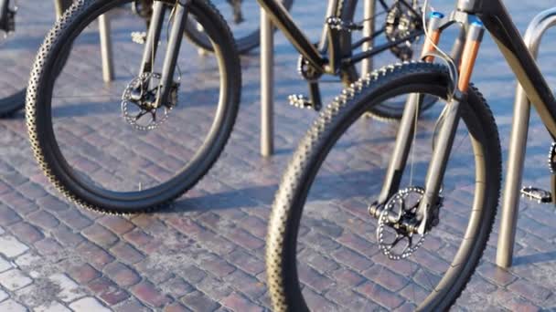 自転車の駐車場について 無限の配列にたくさんの自転車がある サイクリング 自転車を借りる ビッグシティ ストリート レンガ造りの舗装 カメラは徐々に新しいバイクを発見するために前方に移動します サイクリスト アウトドアバイカー — ストック動画
