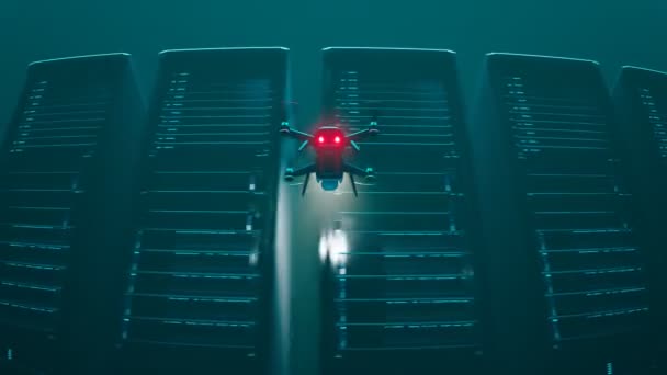 Loopable Animation Working Drone Scanning Servers Dark Hall Plně Automatický — Stock video