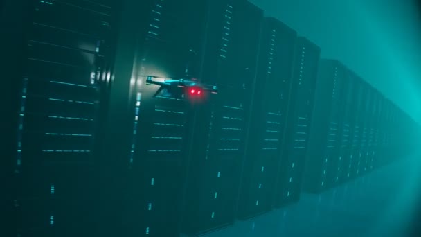Зацикленная Анимация Работающими Серверами Сканирования Беспилотников Темном Зале Полностью Автоматическая — стоковое видео