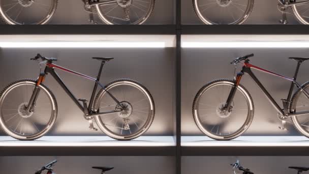 Нескінченна Анімація Стінки Велосипеда Розкішному Магазині Нескінченна Кількість Подібних Велосипедів — стокове відео