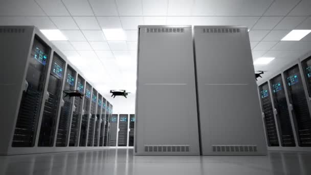 Animación Loopable Con Servidores Escaneo Drones Trabajo Una Sala Sistema — Vídeo de stock
