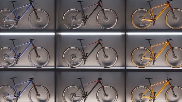 Збільшення Анімації Стінки Велосипеда Розкішному Магазині Вид Спереду Нескінченна Кількість — стокове відео