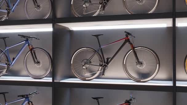 Cámara Panorámica Enfocada Pared Bicicleta Tienda Lujo Infinita Cantidad Bicicletas — Vídeo de stock