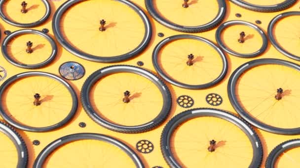 Вид Збоку Величезну Кількість Різних Частин Велосипеда Основному Колеса Жовта — стокове відео