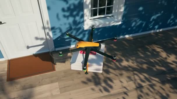Dron Hexacopter Dostarcza Zamówioną Pizzę Bezpośrednio Drzwi Pełni Automatyczny Bezzałogowy — Wideo stockowe