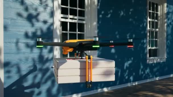 Hexacopter Drone Entrega Pizza Ordenada Directamente Puerta Sistema Tripulado Totalmente — Vídeo de stock