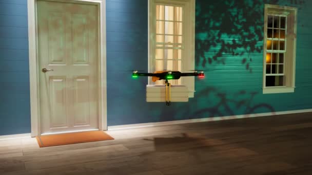 Drone Hexacopter Entregando Pizza Encomendada Diretamente Para Porta Sistema Não — Vídeo de Stock