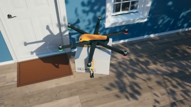 Hexacopter Drone Entrega Paquete Ordenado Directamente Puerta Sistema Tripulado Totalmente — Vídeo de stock