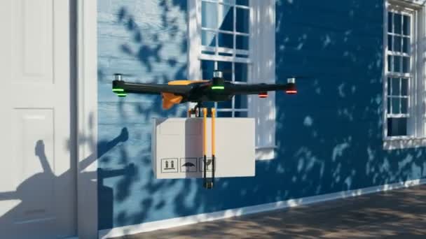 Hexacopter Drone Entrega Paquete Ordenado Directamente Puerta Sistema Tripulado Totalmente — Vídeo de stock