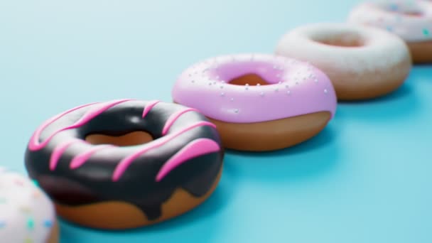 Seamless Looping Animation One Row Assorted Donuts Blue Background Set — Stock Video